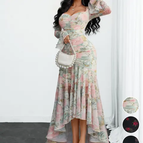 Women's Ruched V-Neck Long Sleeve Floral Dress, Bodycon Fit, Double Layer Printed Dress, Sexy Design, Elegance, Chic, Club Party Dress, Perfect for Parties & Events