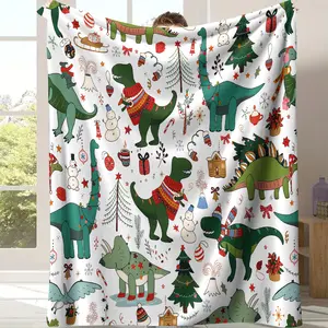 Christmas Dino Cozy Blanket Adorable Dinosaurs in Ugly Sweaters Design Soft Flannel Throw for Kids Dinosaur Fans