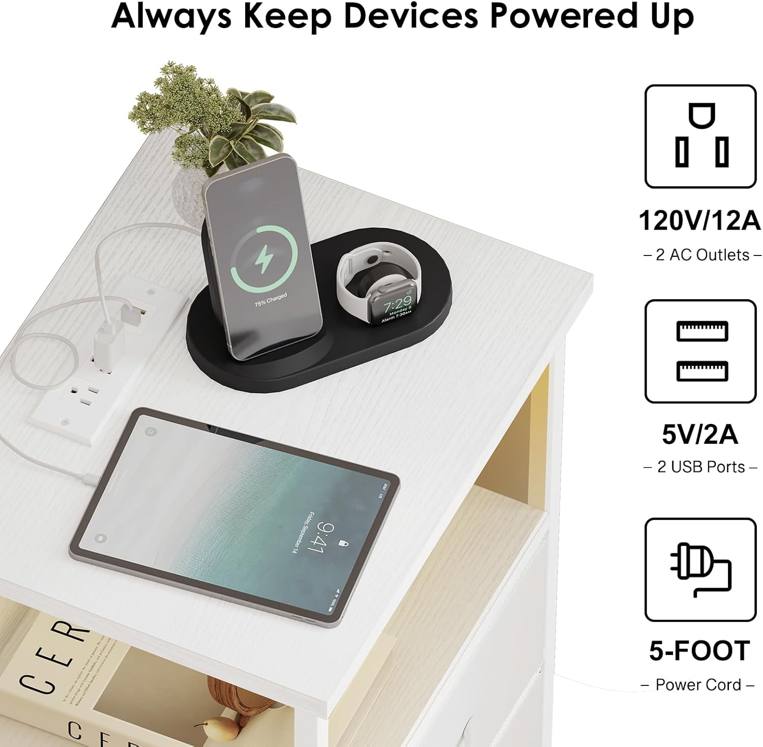 Night Stand with Charging Station, LED Nightstand with U-S-B Ports and Outlets, 2 Fabric Storage Drawers with PU Finish, Bed Side Table, White