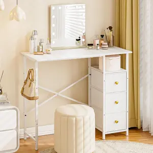 White Vanity Desk No Mirror, Small Vanity Desk with Drawers, Compact Makeup Vanity for Small Space, 35.4 Inches Woman Dressing Table with Storage, Makeup Desk for Bedroom with Hook, White