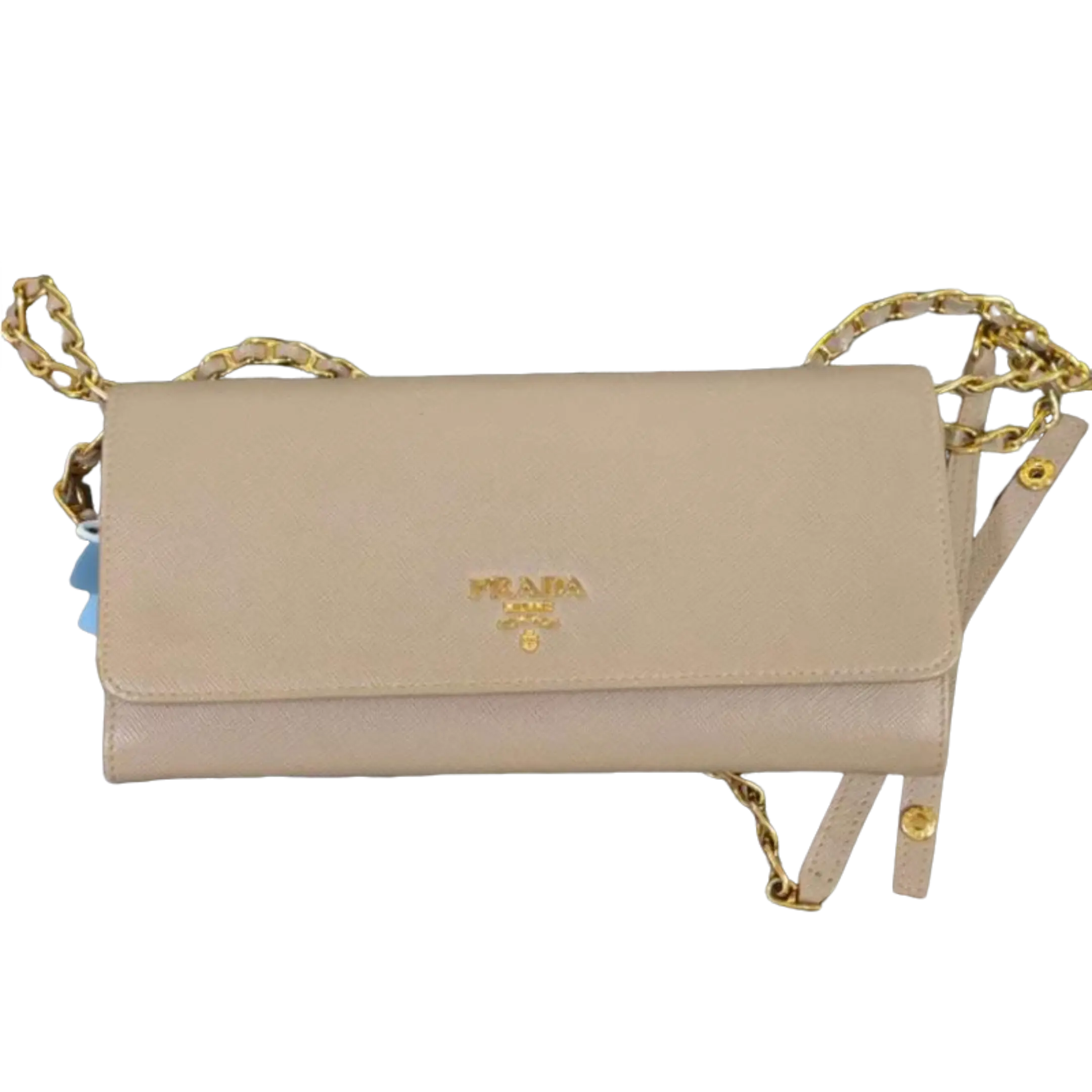 Pre-owned PRADA Saffiano Leather WOC Crossbody Bag in Nude Pink with Gold Chain Strap