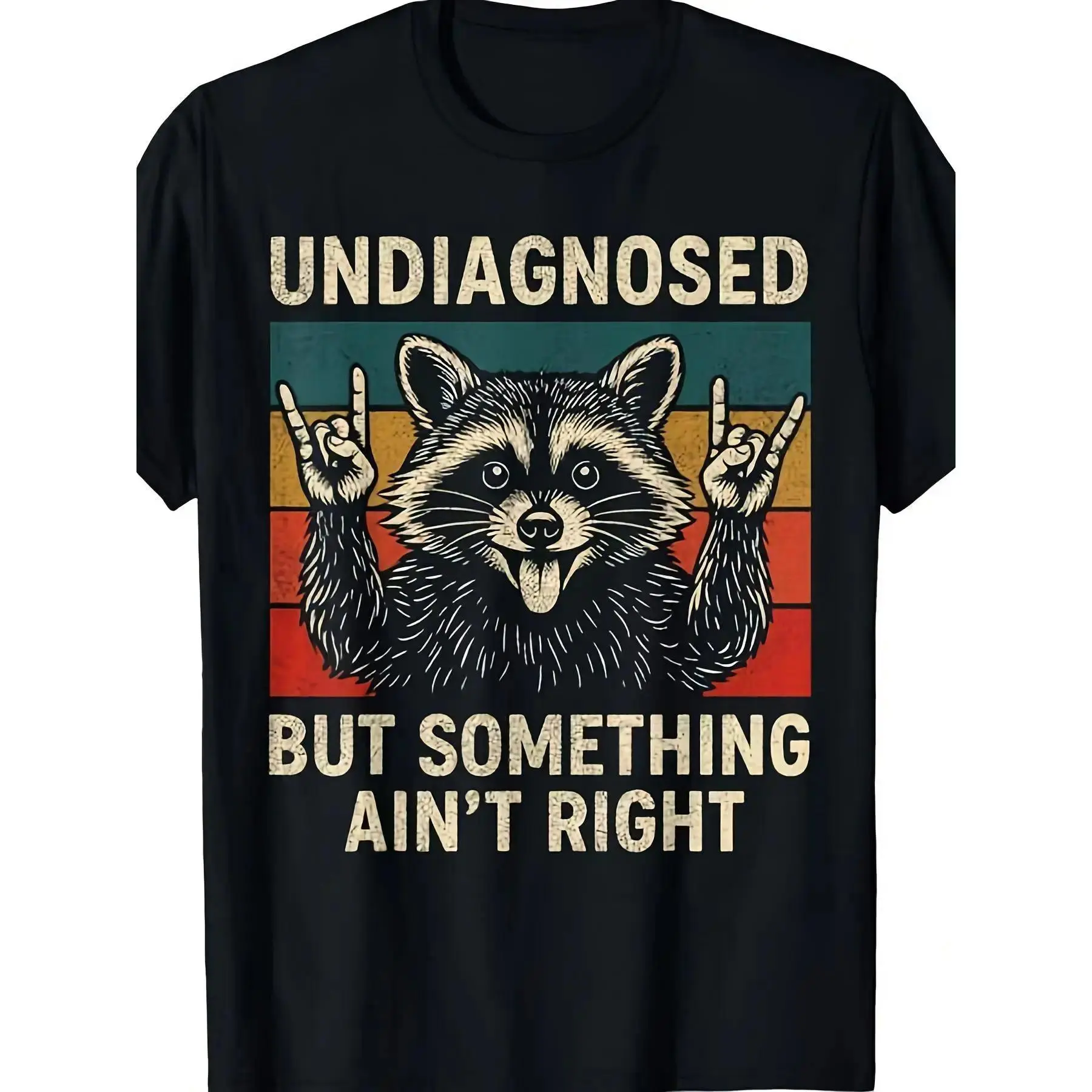Undiagnosed But Something Ain't Right Raccoon Graphic T-Shirt, Vintage Retro Striped Print Tee, Oversized Crew Neck Shirt, Funny Meme Casual Short Sleeve Top, Trendy Humor Aesthetic Cotton Tee for Raccoon Lovers, Meme Fans and Sarcastic Style Enthusiasts