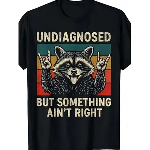 Undiagnosed But Something Ain't Right Raccoon Graphic T-Shirt, Vintage Retro Striped Print Tee, Oversized Crew Neck Shirt, Funny Meme Casual Short Sleeve Top, Trendy Humor Aesthetic Cotton Tee for Raccoon Lovers, Meme Fans and Sarcastic Style Enthusiasts