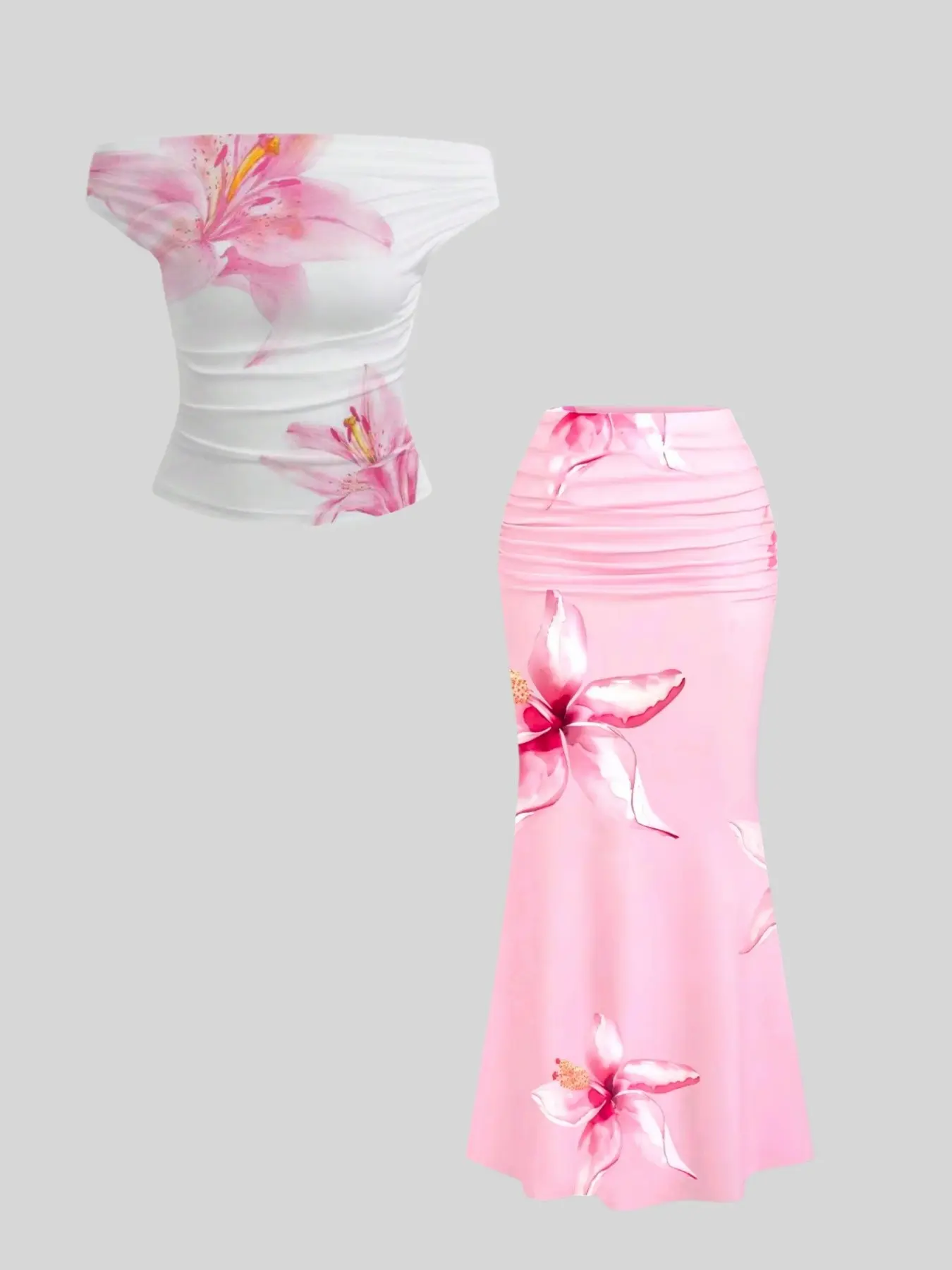 Women's Floral Print Off-Shoulder Ruched Short Top and Mermaid Midi Skirt Set, Two Pieces Sets, Elegant Summer Matching Set Beach Suit, Perfect for Casual Wear