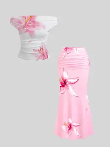 Elegant Chic Women's Off-Shoulder Floral Pleated Top and High-Waisted Mermaid Long Skirt Set, Womenswear Stylish Fashion for Special Occasions