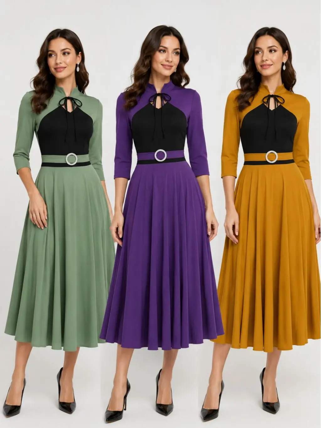 Elegant Midi Dress with Belted Waist and Long Sleeves in Green, Purple, and Mustard Colors