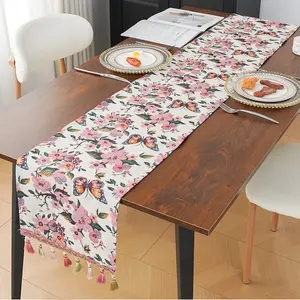 Rustic Floral Butterfly Table Runner, Flowers and Colorful Butterflies, Textured Fabric, Perfect for Dining Tables and Coffee Tables