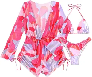 Women's 3 Piece Swimsuit Leaf Print Halter Drawstring Side Bikini Set with Cover Up