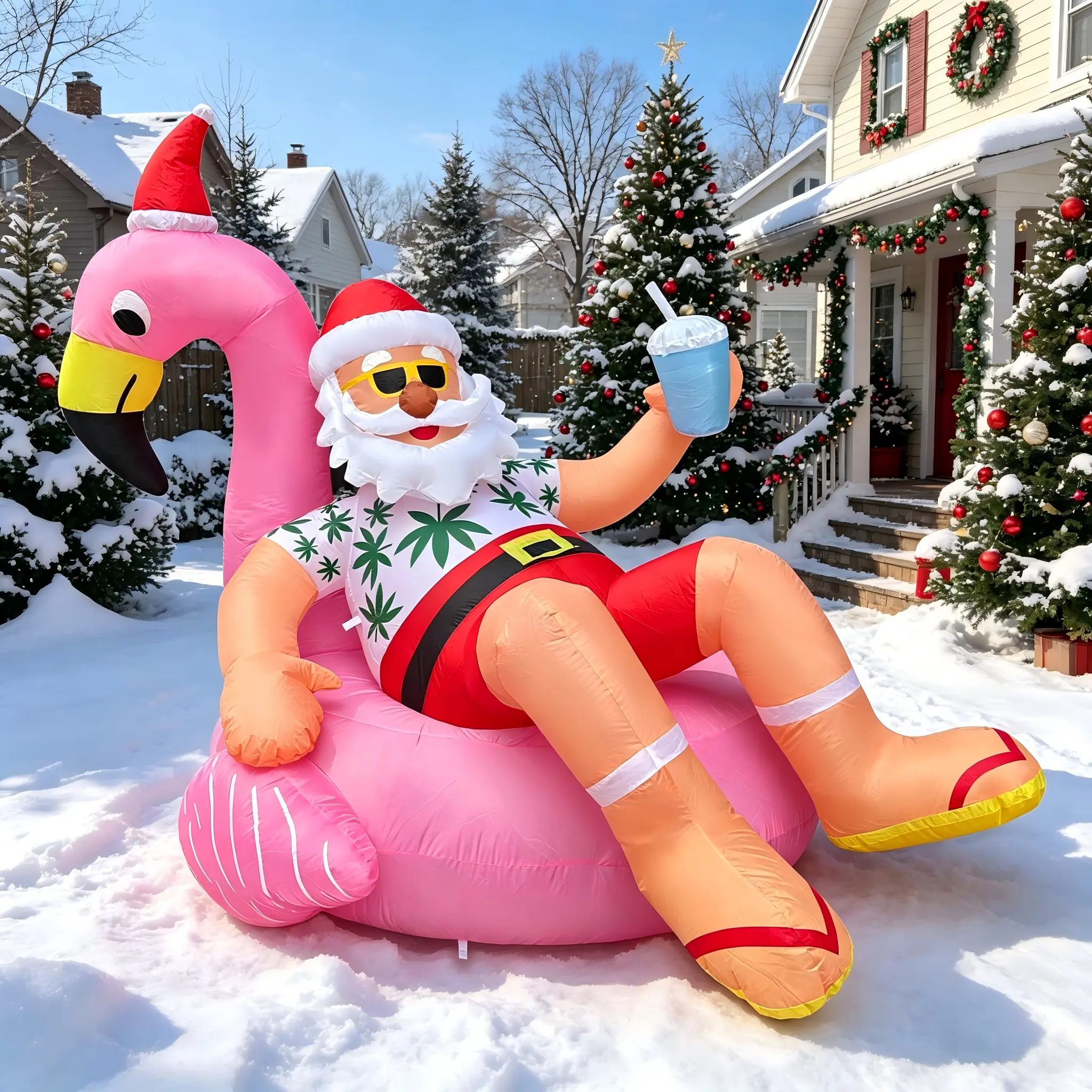 8.2 FT Thick Polyester Inflatable Santa Claus in Hawaiian Costume Flamingo Pool Float - Built-in LED Lights, Lightweight, Breathable, Anti-Fade, Waterproof Blower, Attracts Neighbors, Holiday Outdoor Garden Decoration