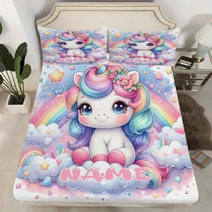 3-Piece Rainbow Unicorn Print Bed Set, Soft Comfortable Deep Pocket Bed Skirt, All-Season Fun Bedding Set with Two Pillowcases