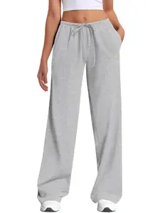 Women's Solid Color Knit Wide Leg Sport Pants, Straight Leg Low Waist Drawstring Long Pants with Pockets, Casual Daily Wear, Athleisure Pants