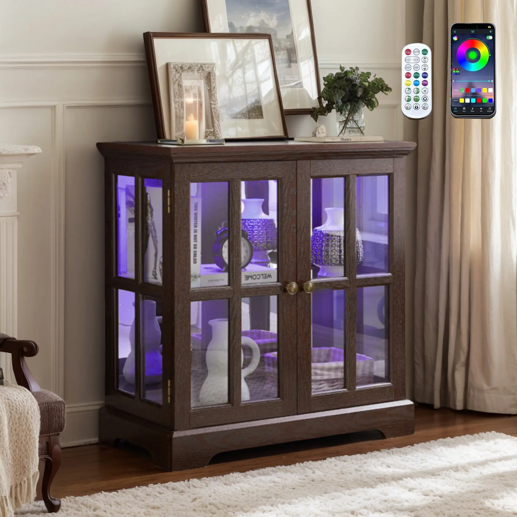 Eyisean 32" Glass Door Storage Cabinet - Smartphone-Controlled LED Lights, Adjustable Shelves, Sideboard Buffet Credenza, Indoor Furniture for Collectibles, Living Room Decor, Apartment Use, Storage Cabinets