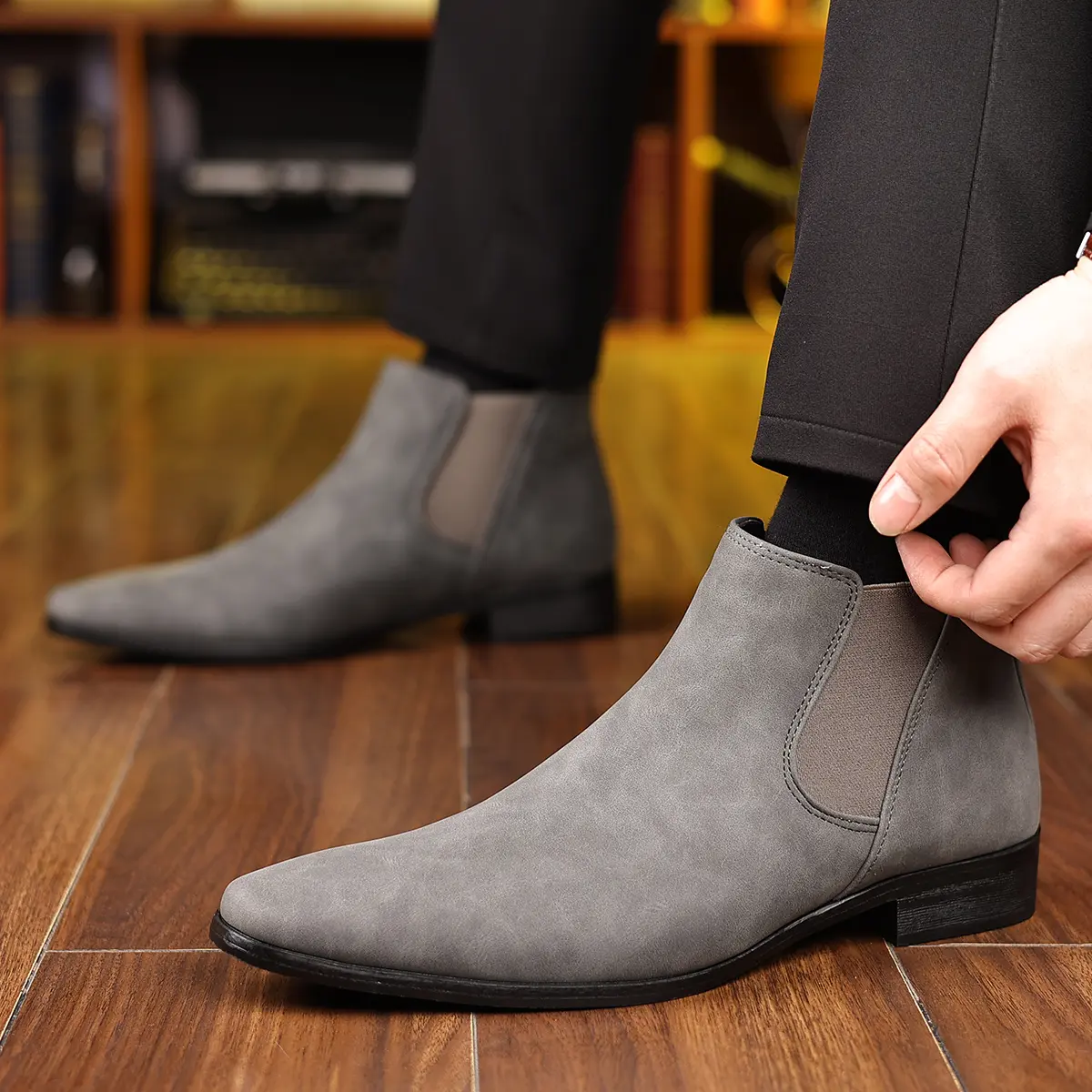 Men's Chelsea Boots - Slip-On Round Toe Low Heel Faux Suede Casual Dress Boots - Stylish & Versatile Grey Boot for All Seasons # dealsforyoudays botas elegantes hombre - Classic