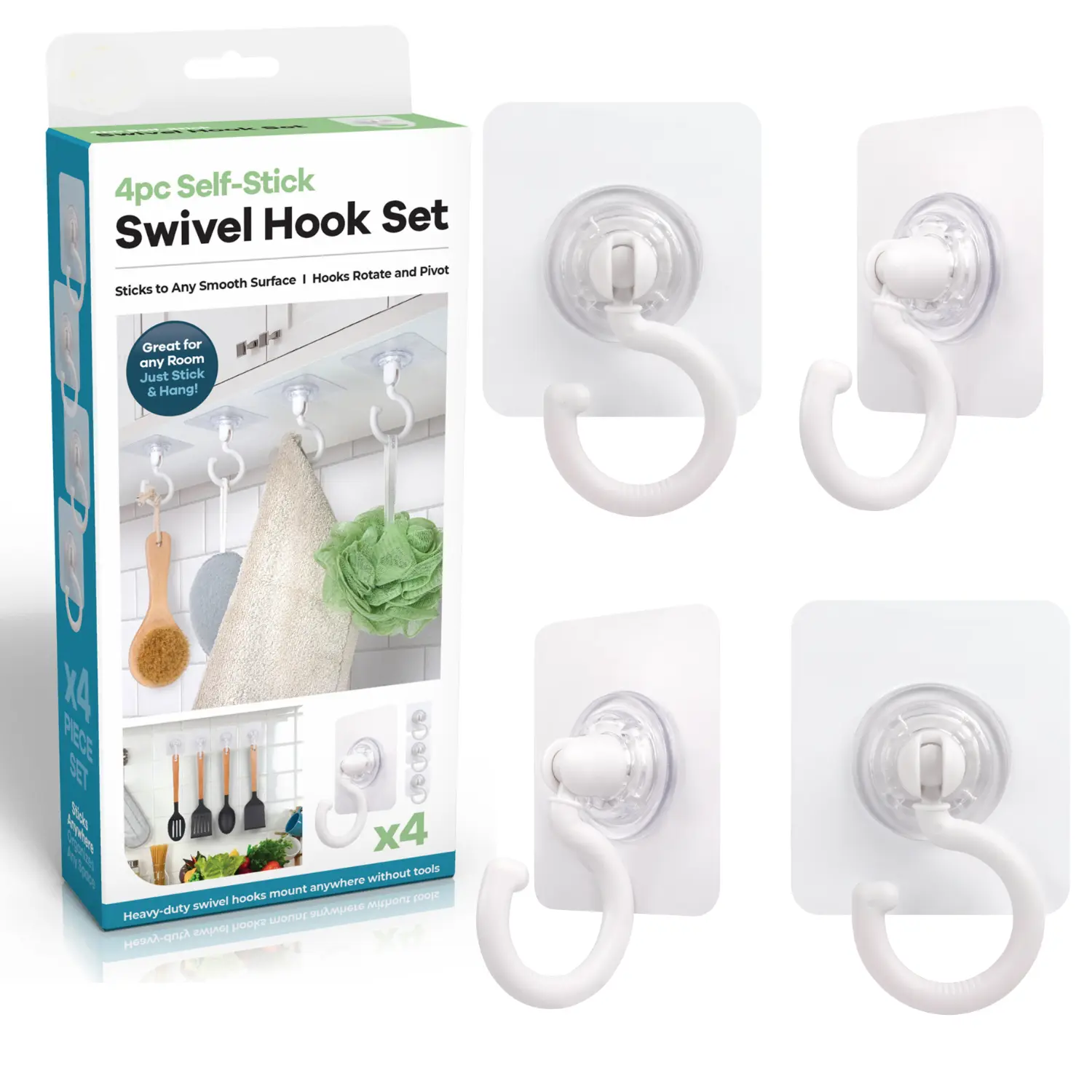 4-Pc Transparent Plastic 360° Swivel Hook Set, No-Tools Self-Stick Waterproof Home Organizer for Lightweight Items - Sticks to Smooth Surfaces, Kitchen, Bathroom Tile (3.37” W x 3.25” H x 3.37” D)