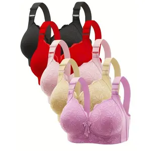 5pcs Adjustable Push-Up Bras for Women - Floral Lace Pattern, V-Neck, Nylon & Elastane Blend, Machine Washable, Mixed Womenswear Comfort Basic Minimalist