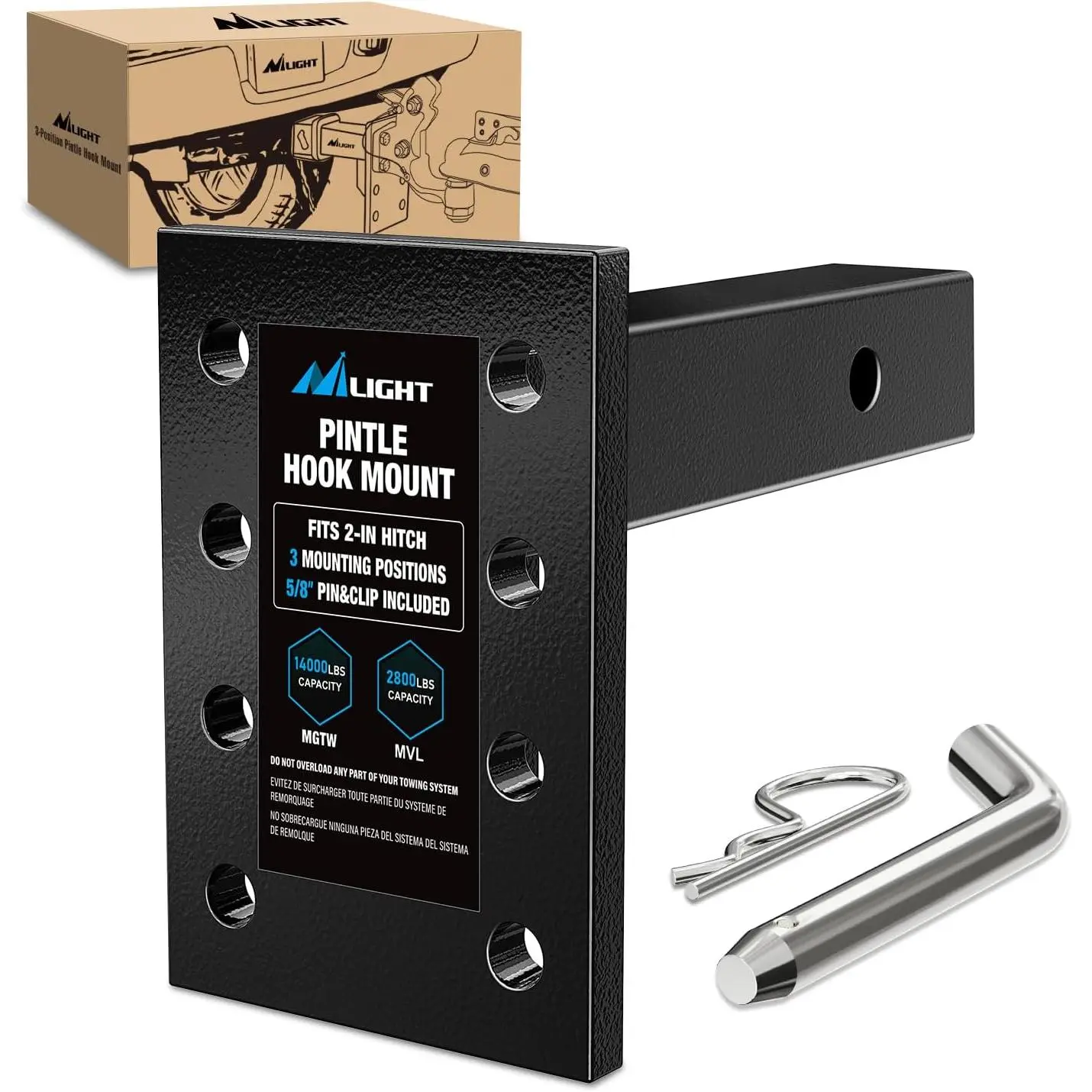 Nilight 3-Position Adjustable Pintle Hook Mount for 2" Hitch Receiver, Solid Steel, 14,000 lbs MGTW, 9-Inch Length, Black Mounting Plate, Simple Install Boating Accessories Boat Fenders Harness