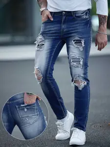 Men's Fashion Street Style Ripped Skinny Fitted Jeans 2026 New Vintage Washed Craftsmanship, Trendy Denim Jeans for Casual Wear