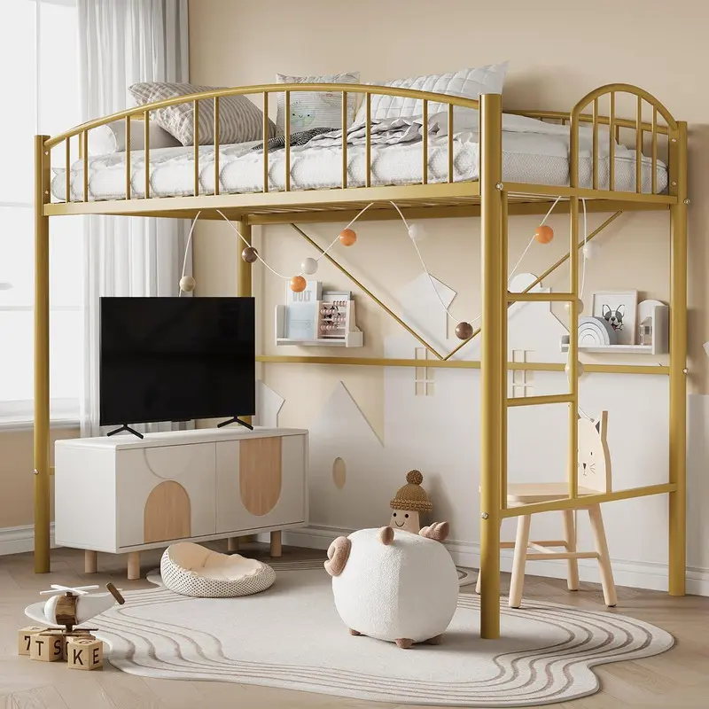 GARVEE Twin Metal Loft Bed - Heavy Duty Frame with Arched Guardrail & Safety Ladder, Space-Saving Design (No Box Spring Needed),Gold