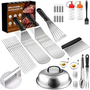 33 count Griddle Accessories Kit for Blackstone, Flat Top Grill Accessories, Set with Spatulas, Skewers, Sauce Bottles, Egg Rings, Melting Dome, Scraper