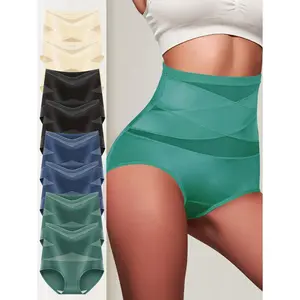 QUASTI 8PCS High Waist Sexy Ladies Briefs, Crossover Tummy Control Keep Body Slimming Shape Briefs, Comfortable Soft Womenswear for Women Postpartum , 4 Mixed Colors, S-XXL
