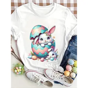 Women's Round Neck Casual T-Shirt with Easter Rabbit and Egg Print, Suitable for Daily Wear, Vacation, All Seasons Ladies Tops