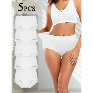 5 Pieces of Comfortable and Soft High-Waisted Women's Underwear, Solid Color Simple Design, Women's Underwear