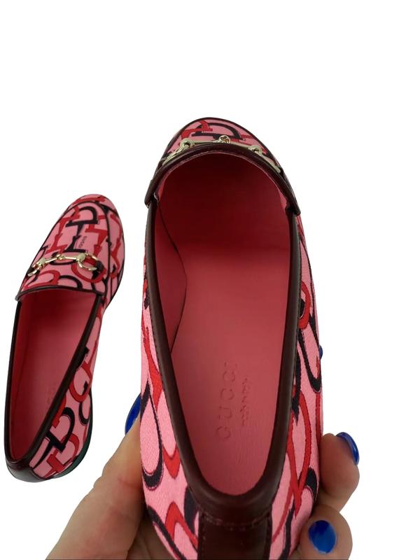 Gucci Jordaan Horsebit Pink Canvas Loafers Flat Shoes Size 7.5