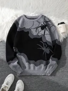 Men's Two-Sided Spider Jacquard Knit Sweater, Patchwork Round Neck Long Sleeve, Casual Fit for Fall & Winter, Couple Matching Style