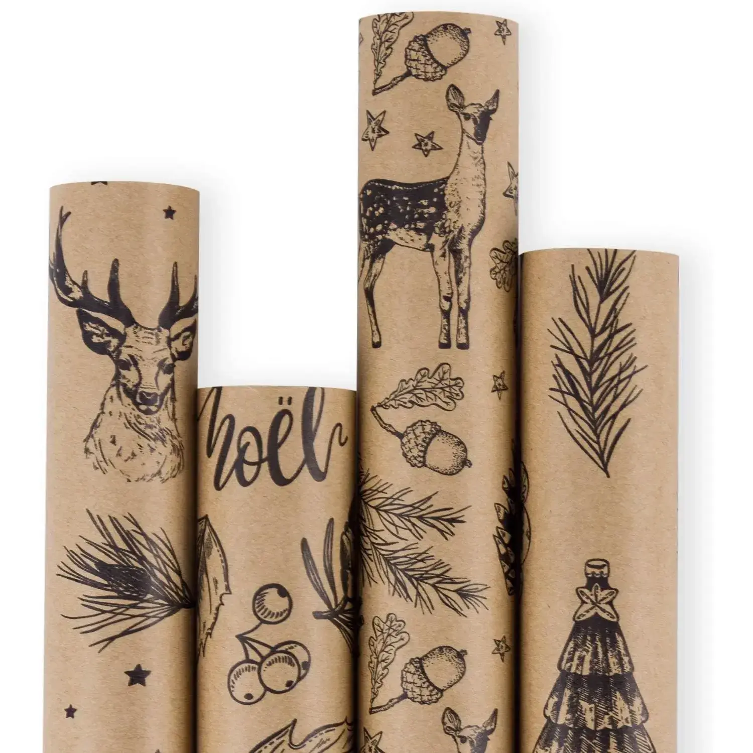 Christmas Wrapping paper - Brown Kraft Paper with Black Christmas Elements Print Paper - 4 Roll-30Inch X 10Feet Per Roll