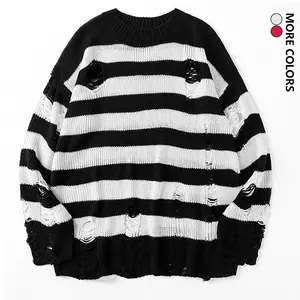 Men's Striped Long Sleeve Knitwear with Hole and Tassel Design, High-Quality Pullover, American Style, Trendy Versatile Casual Crew Neck Sweater for Spring and Autumn