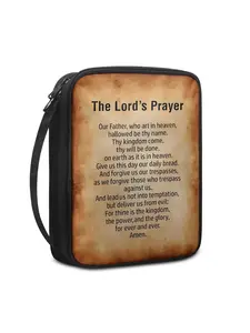 Printed Christian Faux Leather Prayer Text Bible Cover, Portable Book Box Church Bag, Bible Protection with Handle and Zipper Pocket, Book Accessories