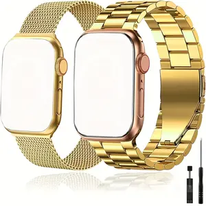 2 Gold Stainless Steel and Milanese Loop Bands for Apple Watch Series Ultra/Ultra2/SE2/SE/10/9/8/7/6/5/4/3/2/1, Sizes 38/40/41/42/44/45/46/49 mm - Durable, Stylish, and Comfortable Fit