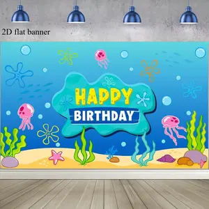 2D Under The Sea Happy Birthday Banner Backdrop Decoration, Party Decorations Banners, Ocean Photo Background Jellyfish Seaweed Wall Décor for Birthday Baby Shower Party Photography Decorations