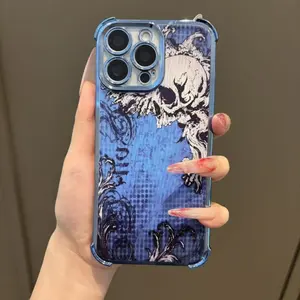 Ornate Dark Skull Art with Scrollwork on Vibrant Metallic Blue Phone Case,Compatible for iPhone 16 15 14 13 12 11 17Pro Max,for Samsung S25 S24 S23 S22 Ultra,Durable Dual-Layer design phone cover,Perfect Gift for Her