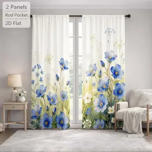 2Pcs Floral Rustic Blue Flower Meadow Sun Blocking Curtains Digital Printed Rod Pocket, Window Treatment For Bedroom Office Kitchen Living Room Study Home Decor