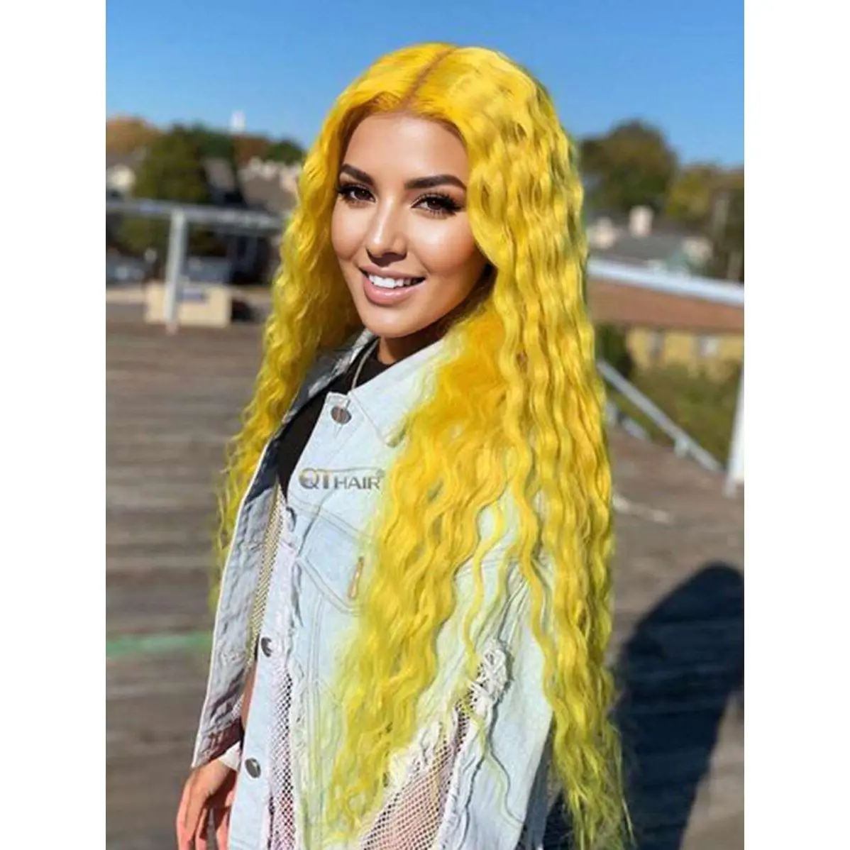 Female 28 in Frontal Lace Wig - Long Yellow Deep Wave Curly Perm Protein Filament Synthetic Hair, 13x3 HD Transparent Lace Front, Baby Hair, Glueless, Heat Resistant Party Wear