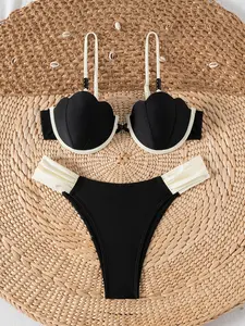Women's New Two-Piece Bikini Set, Vintage Color Block Steel Cup Support Shell Bead Decoration, Summer Swimsuit Set, Beach Vacation Pool Party Swimwear