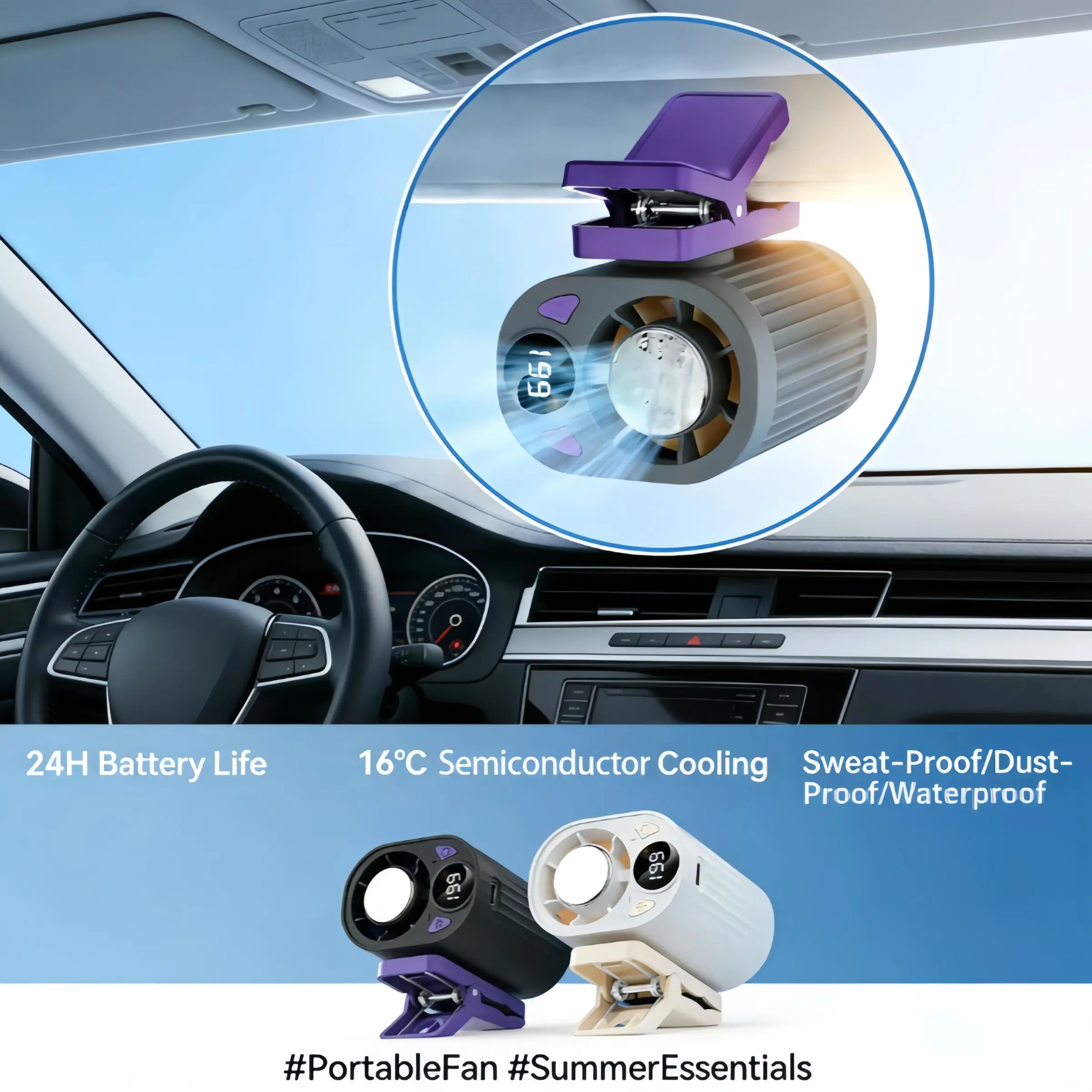2026 Car Clip-On Air Conditioner Fan, Portable Clip Fan, Mini USB Rechargeable Rotating Fan, Three-Speed Silent Leafless Fan ()