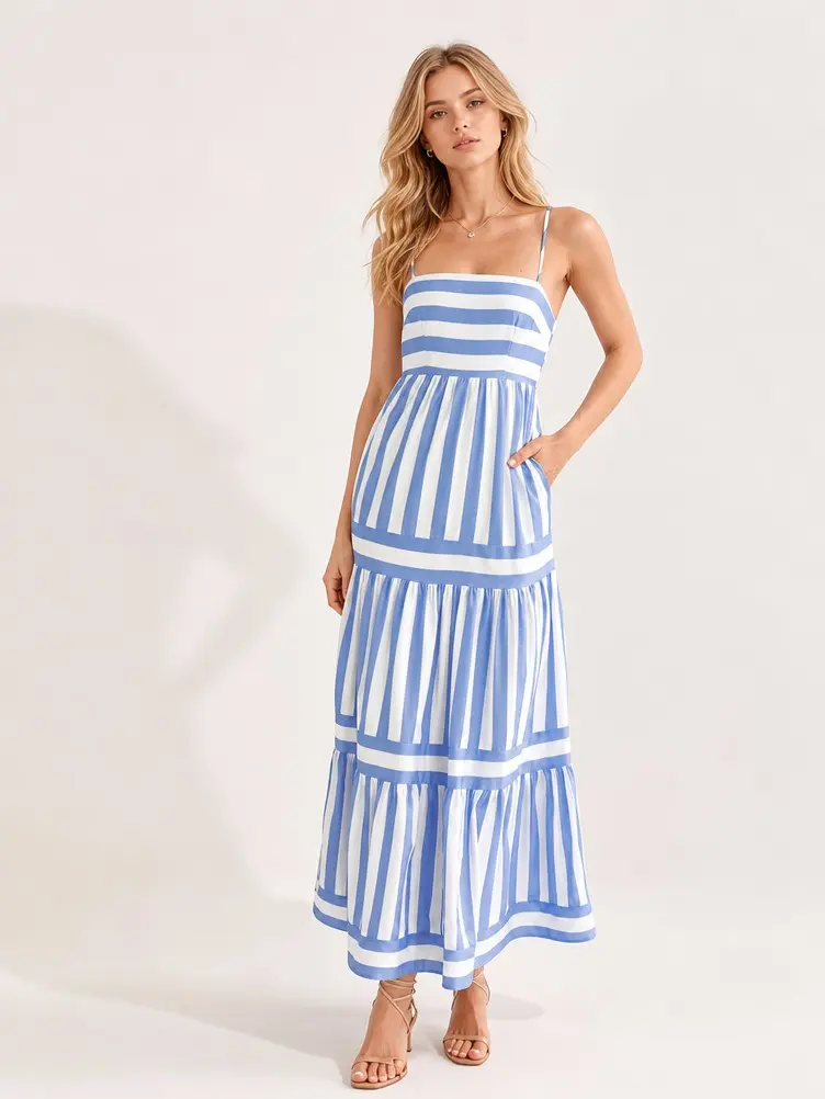 Strapless Tiered Maxi Dress With Side Pockets, Spaghetti Strap Ruffled Hem Flowy Long Dress For Summer Beach Getaways And Casual Outdoor Events, Defined Waist Layered Skirt Design Delivers Relaxed Elegant Look Womenswear Chic Style Vibe Casual Wear Bohemi
