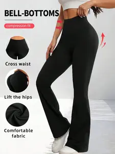 Women's Flare Pants, Casual Yoga Bottoms, High Stretch Bottoms, Back-To-School, Fall Women's Long Pants, Sporty Leggings, Daily Wear, Cross Waist Leggings