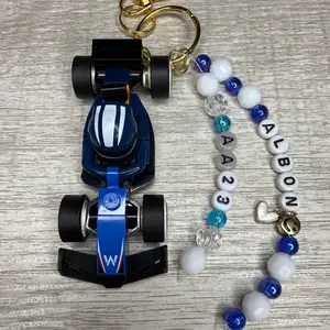 Alex Albon Mini Car Keychain with Blue and White Beaded Bracelet and Gold Chain for Racing Fans