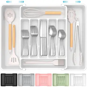 Expandable Silverware Organizer, BPA-Free Food-Safe Cutlery Flatware Organizer, Kitchen Utensil Drawer Organizer, Adjustable Silverware Holder for Spoons Forks Knives, White