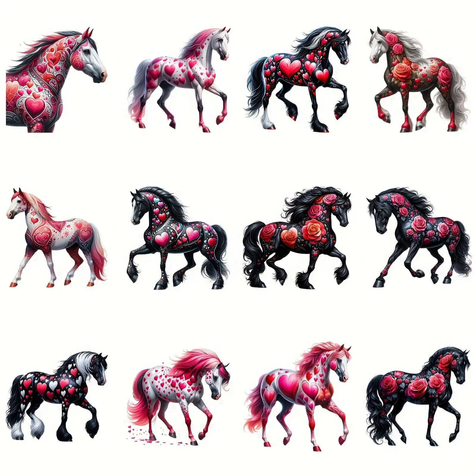 Valentine Horse Shape Iron-On Transfer Stickers Set, 12 Pieces, DIY A-Level Heat Press Decals for T-Shirts, Bags, Hats, Clothing Decorations