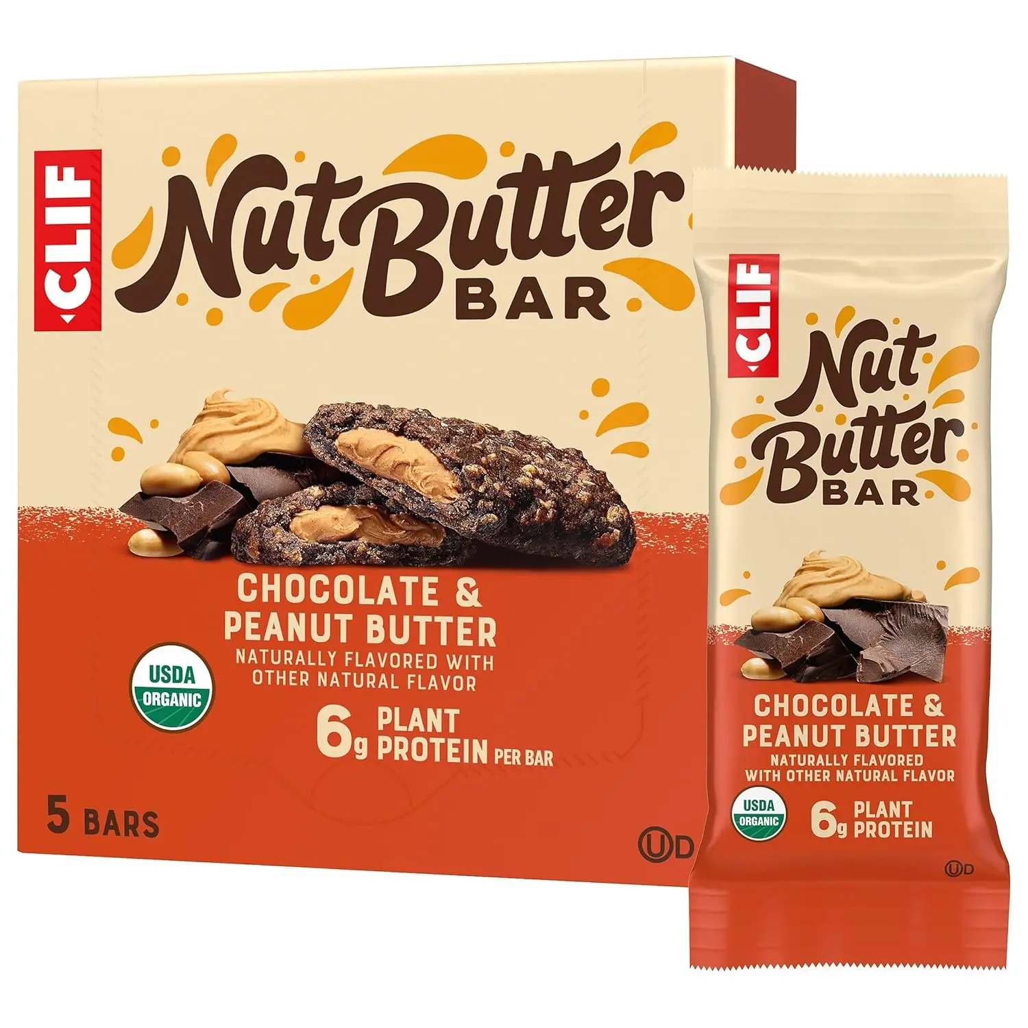 CLIF Nut Butter Energy Bars - Chocolate Peanut Butter Flavor, 1.76 oz 5-Bar Pack, USDA Certified Organic, Non-GMO, Plant-Based, Low Glycemic, Vegan, Nut & Rolled Oat Ingredients, Portable Travel Snacks & On-the-Go Snacks for Adults