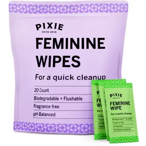 Pixie Menstrual Cup Wipes - Flushable, Biodegradable, pH Balanced & Unscented - Individually Wrapped Wipes for Feminine Care, On The Go & Public Bathrooms - Clean Your Menstrual Cup & Disc (20 Count)