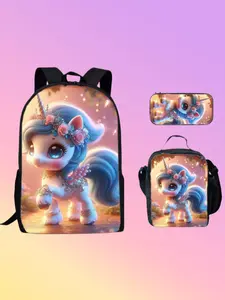 Cute Unicorn Kids Backpack Set, School Bag + Insulated Lunch Bag + Pencil Case, Kawaii Cartoon Bookbag for Girls, Back to School Gift