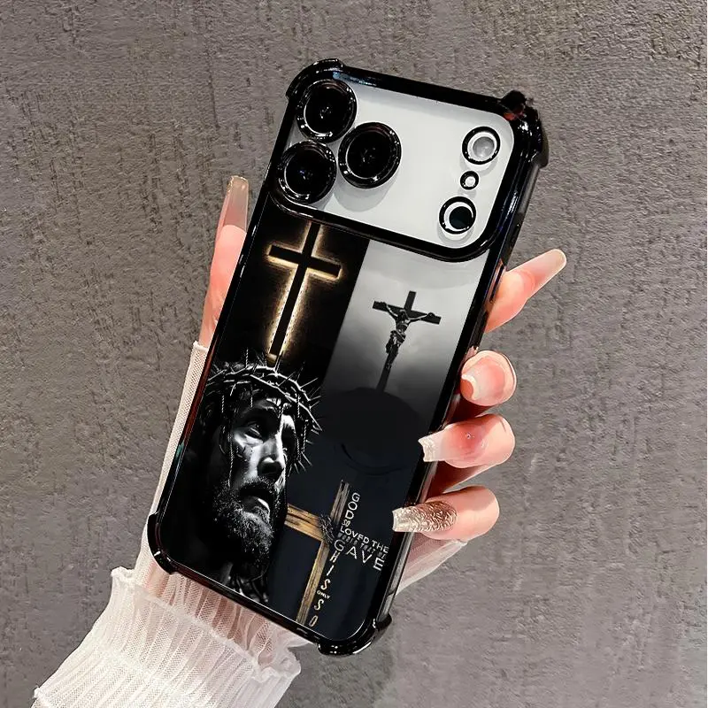 Electroplated Tin Acrylic Smartphone Case for iPhone 17 Pro Max,16,15 Plus,Air,14,13,12,11,E - 4-Corner Airbag Crash-Proof Protection, Slip-Resistant Faith Pattern Cellphone Accessory