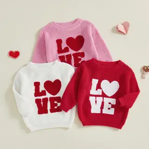 Toddler Baby Boys Girls Valentine's Day Sweater Long Sleeve Letter Heart Embroidery Knit Tops Fall Winter Pullover 0-18 Months