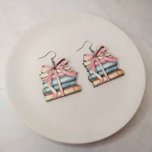 #509 Stack of Books Tied in Pink Bow Earrings, Casual, Wood, Everyday Jewelry