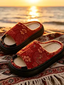 New Traditional Sole Floral Sandals, Fine Mesh Linen Insole, Thick Soft Elastic Women's Beach Vacation Fashion Slippers